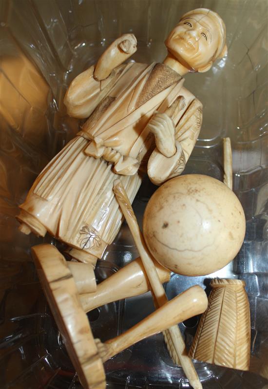 Japanese sectional ivory figure and an ivory billiard ball